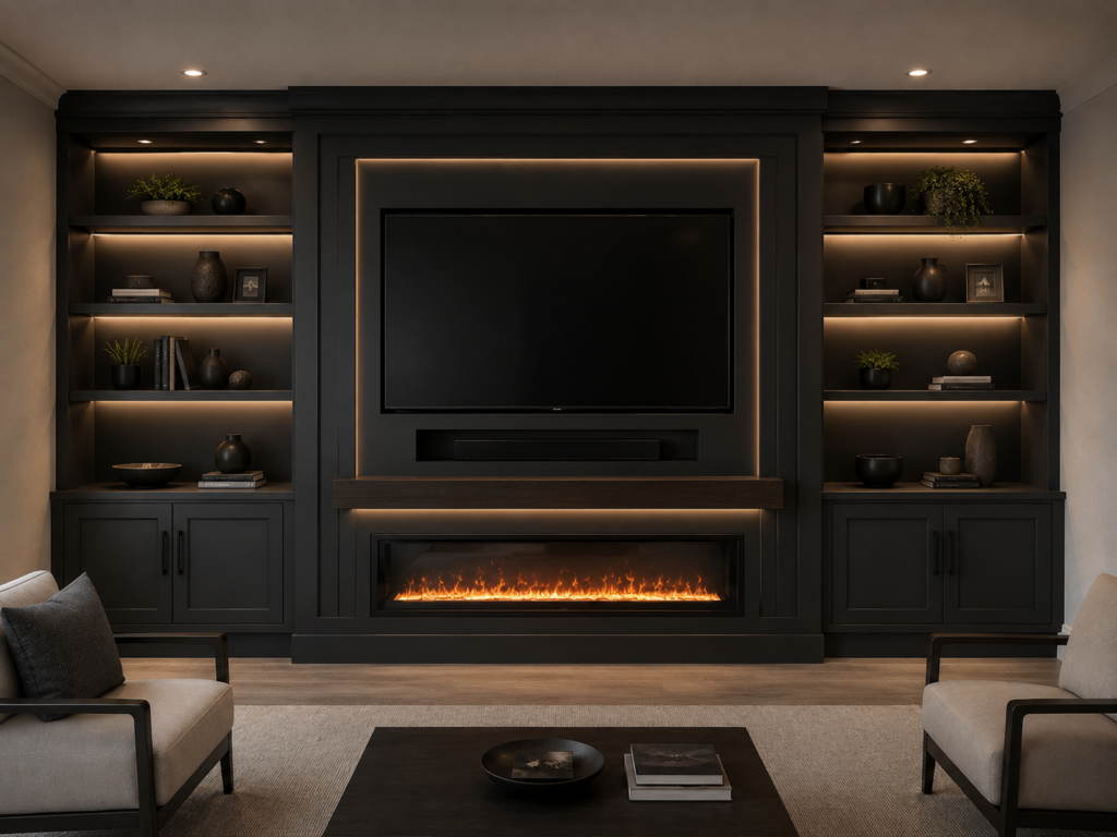 Full luxury custom fireplace walls with cabinets, shelves, LED lighting, TV niche, soundbar niche, mantel, and linear fireplace