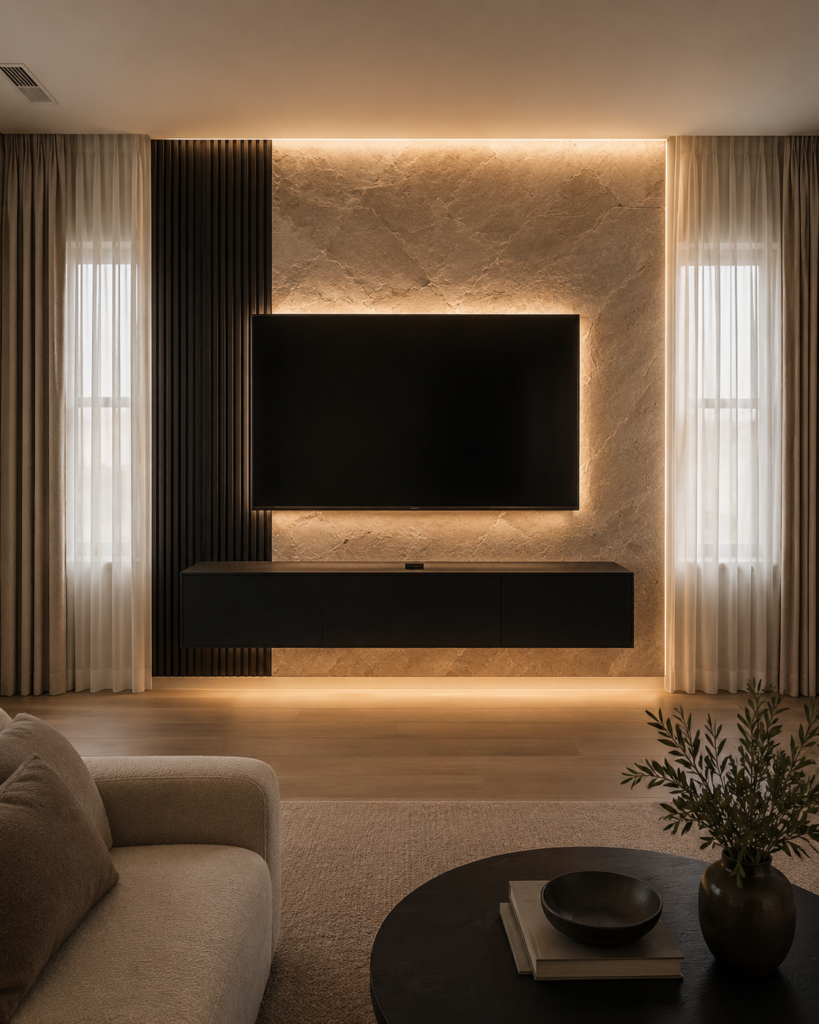TV Media Wall Concept 1 – Stone and Wood Slat Design Luxury TV media wall with stone panel, black wood slats, floating cabinet and warm LED backlighting in a modern living room