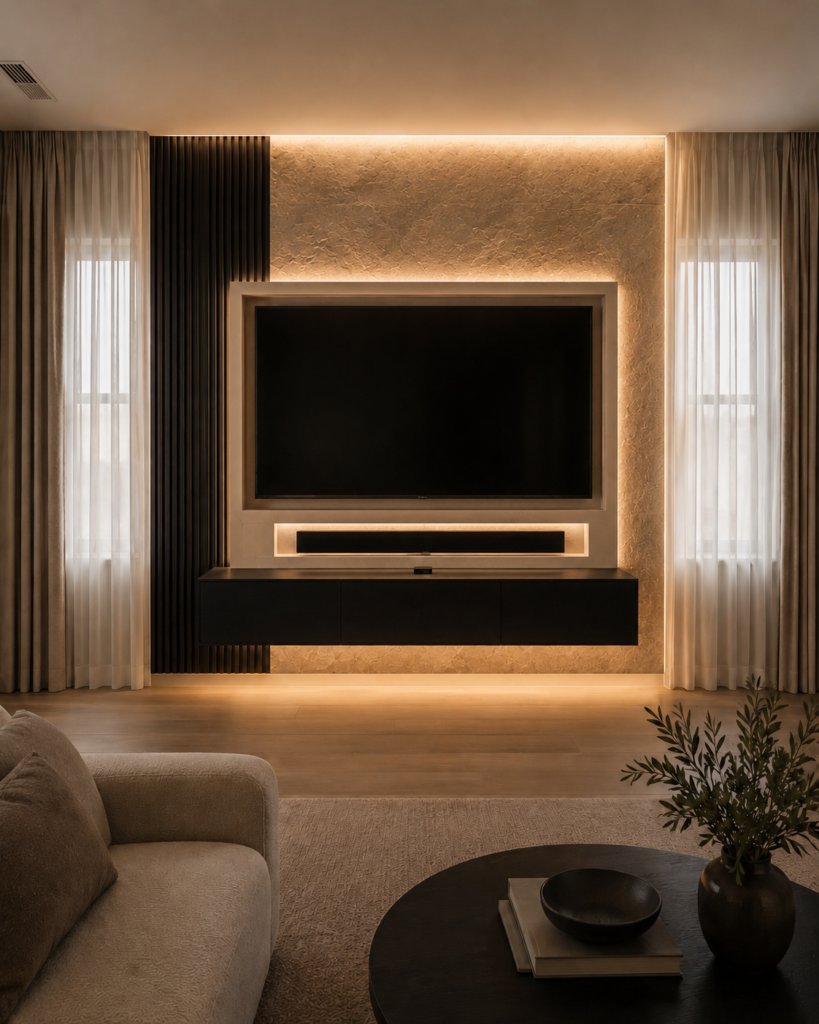 Custom TV media wall with recessed TV niche, soundbar niche, LED lighting, and floating cabinet