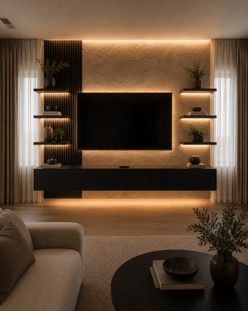 Custom TV media wall with floating shelves, decorative finish, slat panel, LED lighting, and floating cabinet