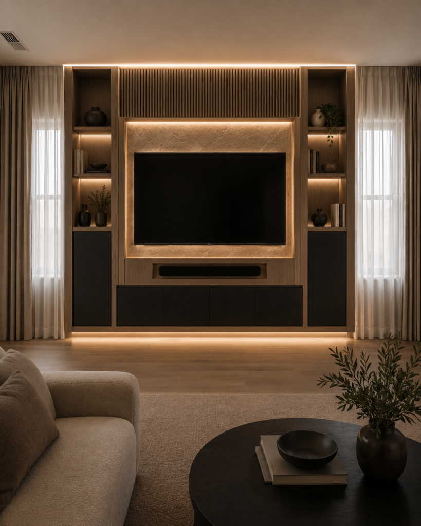 Full custom TV media walls with cabinets, shelves, LED lighting, slat panel detail, decorative finish, and floating media cabinet