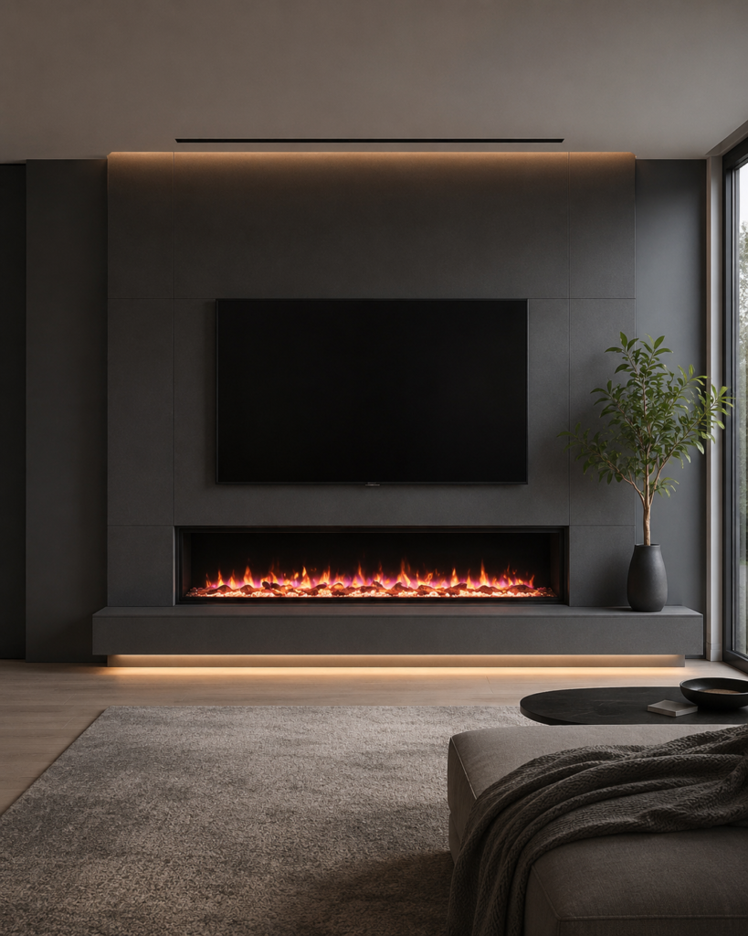 TV Media Wall Concept 2 – Dark Fireplace Media Wall Dark modern TV media wall with linear electric fireplace, wall-mounted TV, floating hearth and warm LED accent lighting