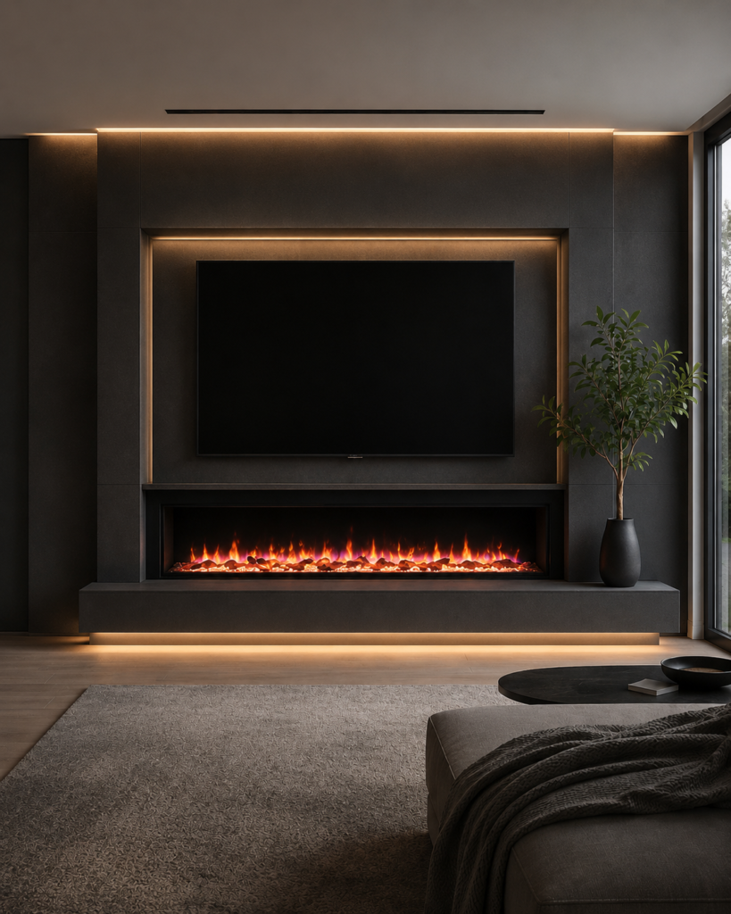 Custom TV media walls with recessed TV niche, accent lighting, and linear electric fireplace