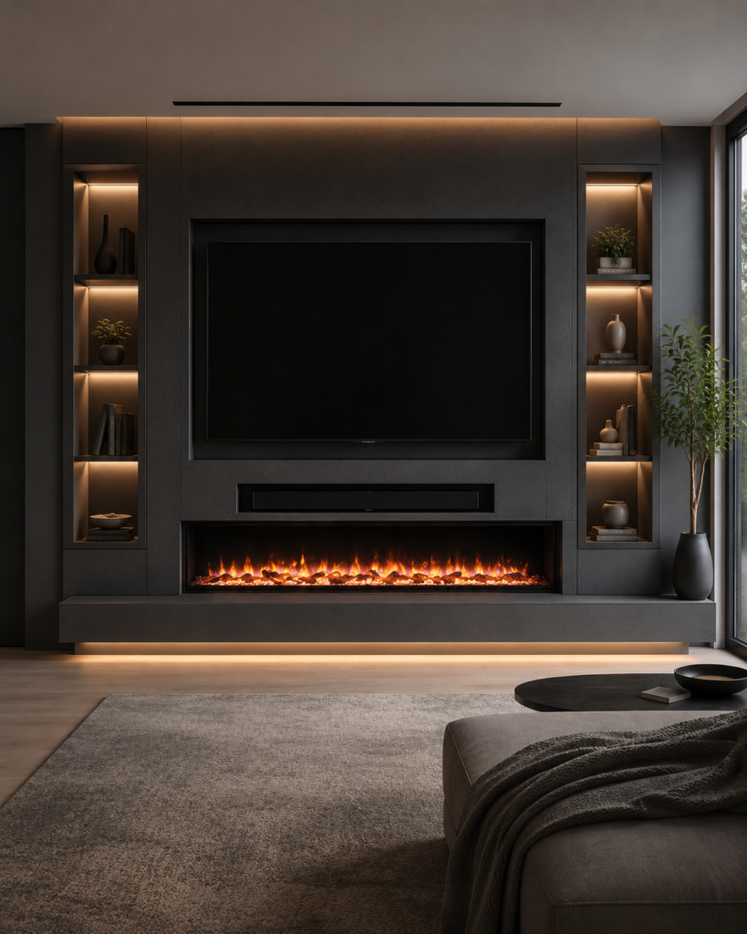 Full custom TV media walls with TV niche, soundbar niche, shelves, cabinets, LED lighting, and linear fireplace