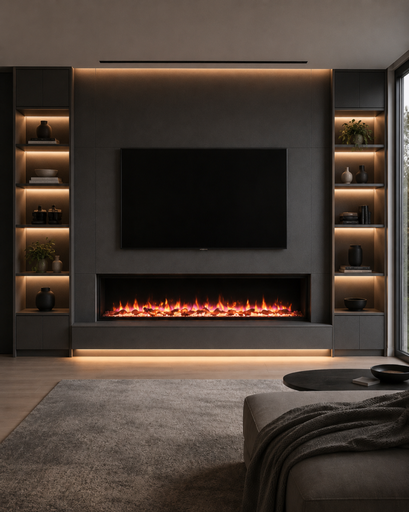 Custom TV media walls with soundbar niche, illuminated display shelves, and built-in fireplace feature
