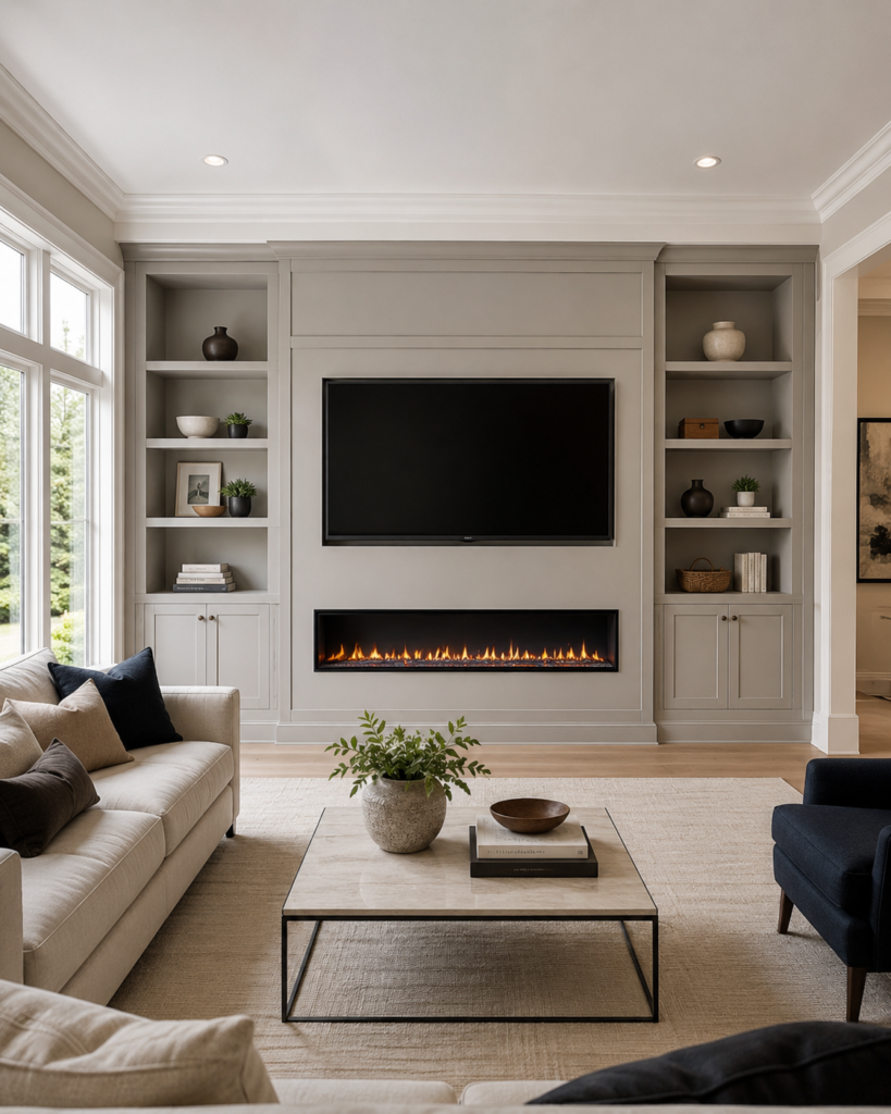 TV Media Wall Concept 3 – Built-In Shelving and Fireplace Wall Custom built-in TV media wall with cabinets, open shelving, crown molding, wall-mounted TV and linear electric fireplace