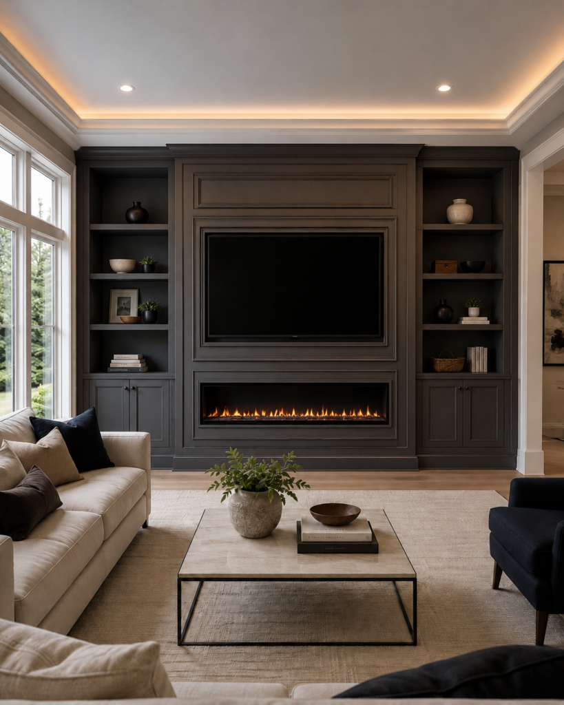 Custom TV media walls with MDF panel detailing, built-in shelves, lower cabinets, and linear fireplace