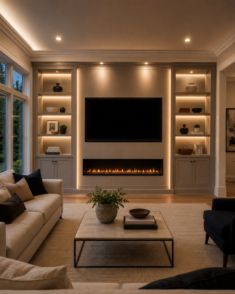 Luxury custom TV media walls with premium linear LED lighting, illuminated shelves, cabinets, and fireplace