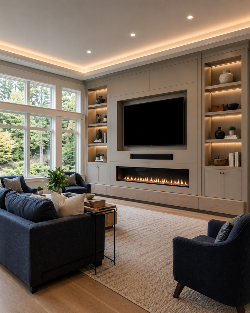 Custom TV media walls with recessed TV niche, soundbar niche, floating base, shelves, and linear fireplace
