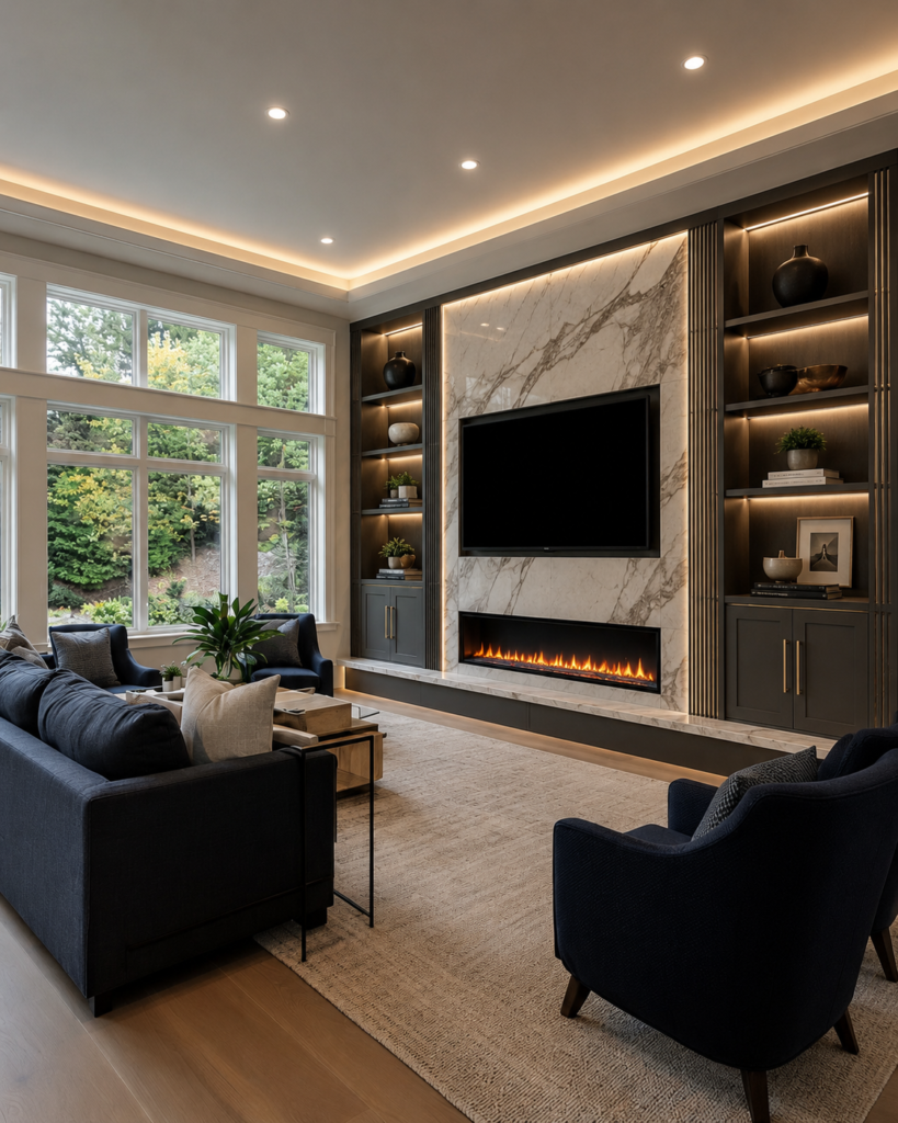 Full custom TV media walls with marble slab center, fluted panels, built-in shelves, cabinets, lighting, and linear fireplace