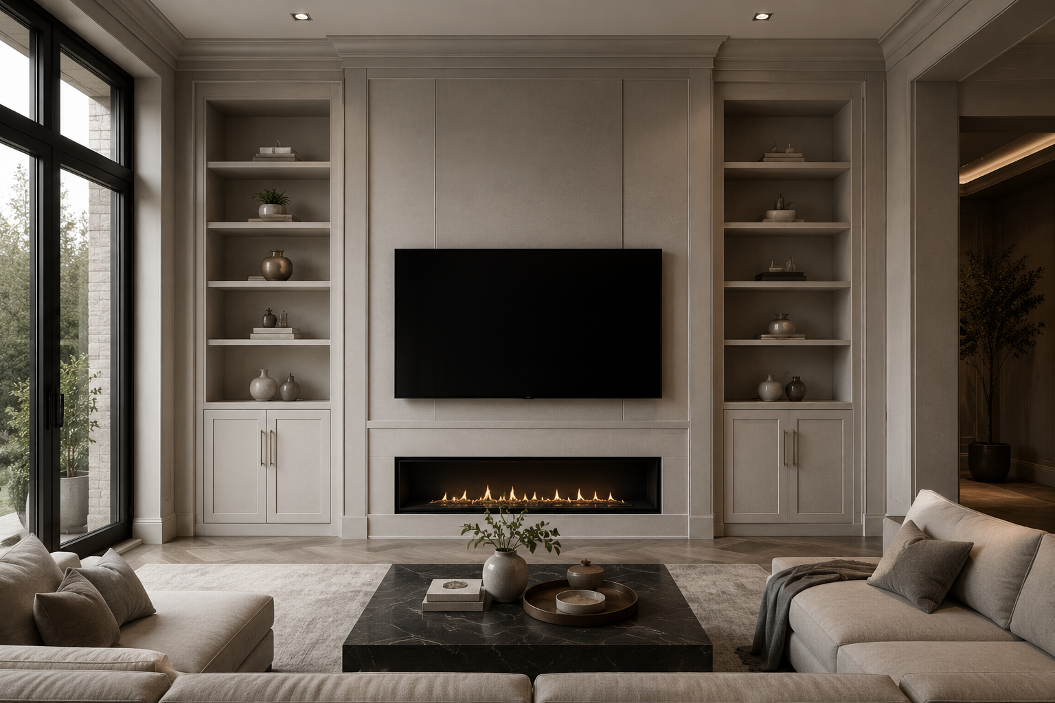 TV Media Wall Concept 4 – Elegant Built-In Media Wall Elegant built-in TV media wall with open shelving, lower cabinets, wall-mounted TV and linear electric fireplace in a luxury living room