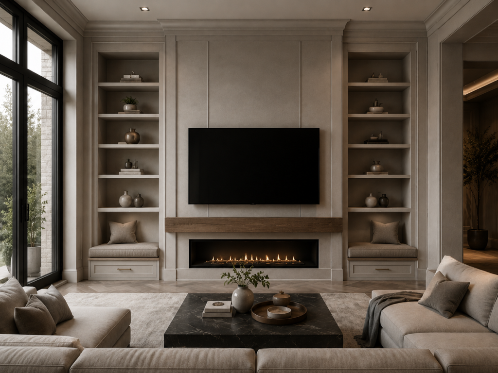 Custom TV Media Walls upgrade with illuminated shelves, wood mantel, fireplace, built-in cabinets, and bench seating