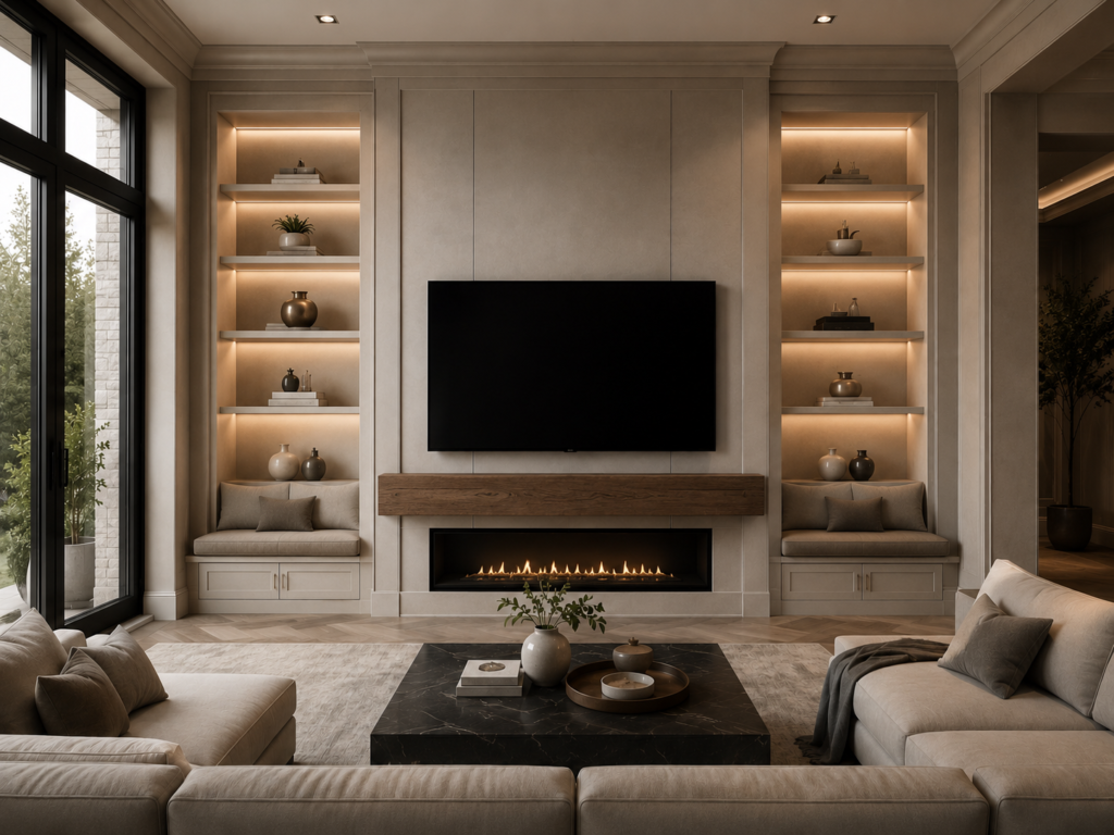 Custom TV Media Walls upgrade with illuminated shelves, wood mantel, fireplace, built-in cabinets, and bench seating