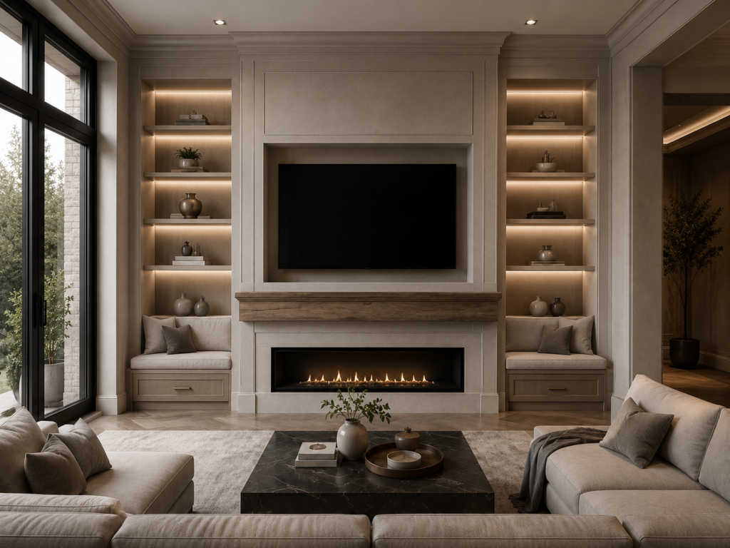 Custom TV Media Walls upgrade with recessed TV niche, illuminated shelves, wood mantel, fireplace, and bench seating