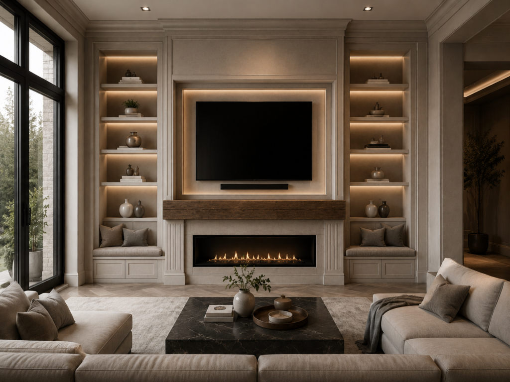 Custom TV Media Walls full luxury upgrade with recessed TV niche, soundbar, TV backlighting, illuminated shelves, mantel, fireplace, and bench seating