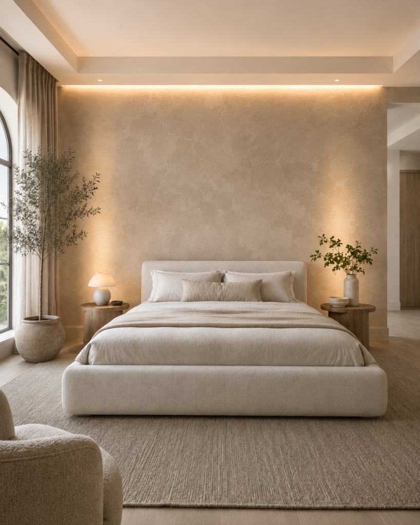 Limewash accent wall with integrated lighting in a modern bedroom featuring warm texture and luxury architectural ambiance