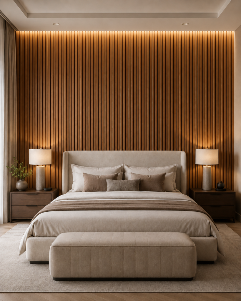 Wood Slat Accent Wall with Integrated Lighting Custom accent wall with vertical wood slats and warm integrated lighting in a modern luxury bedroom