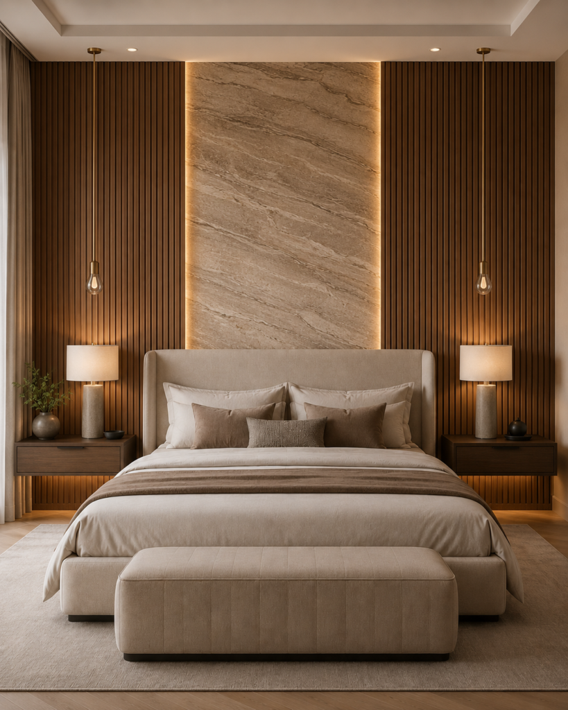 Wood Slat Accent Wall with Stone Feature Panel Custom accent wall with wood slats, central stone panel, and warm lighting in a luxury bedroom