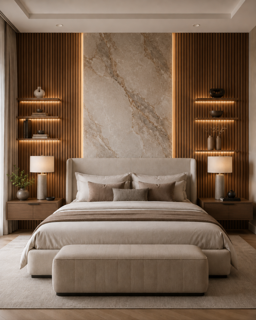 Wood Slat Accent Wall with Marble Slab and Floating Shelves Custom accent wall with wood slats, marble slab, floating shelves, and warm lighting in a modern bedroom