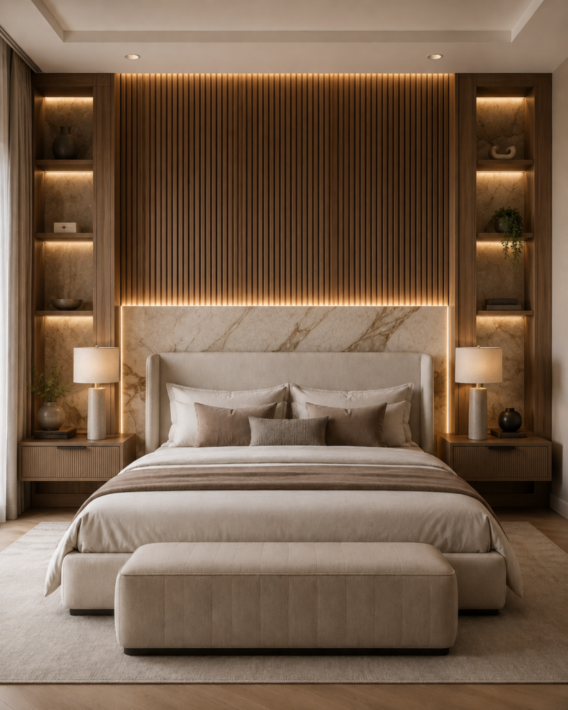 Custom accent wall with wood slats, marble slab, built-in shelves, cabinets, and warm lighting in a luxury bedroom