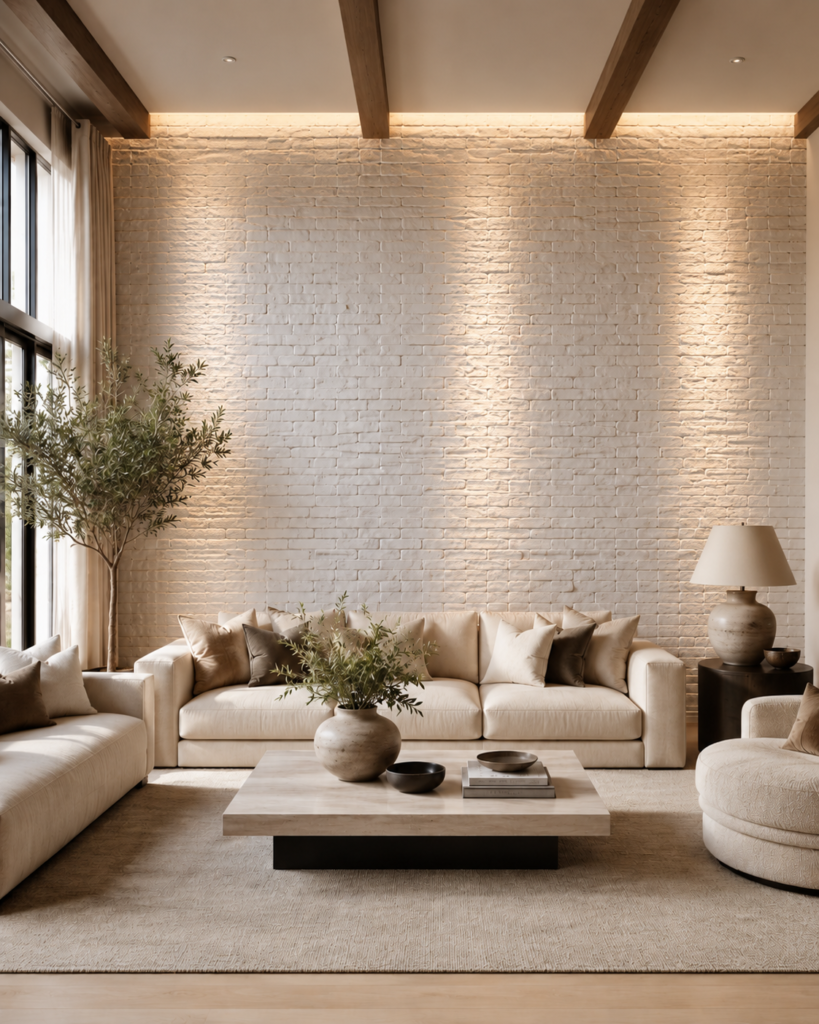 White Brick Accent Wall with Integrated Lighting Custom accent wall with white brick finish, integrated LED lighting, exposed ceiling beams, and modern neutral living room design