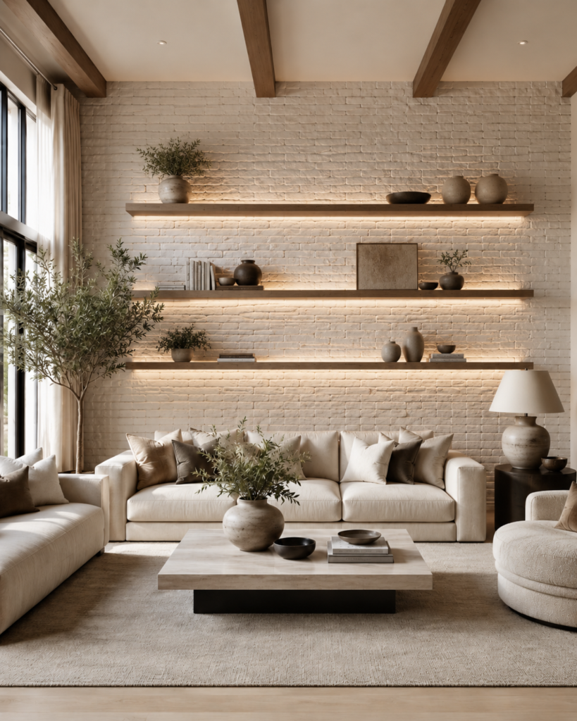 Custom accent wall with white brick finish, floating wood shelves, integrated shelf lighting, and modern neutral living room design