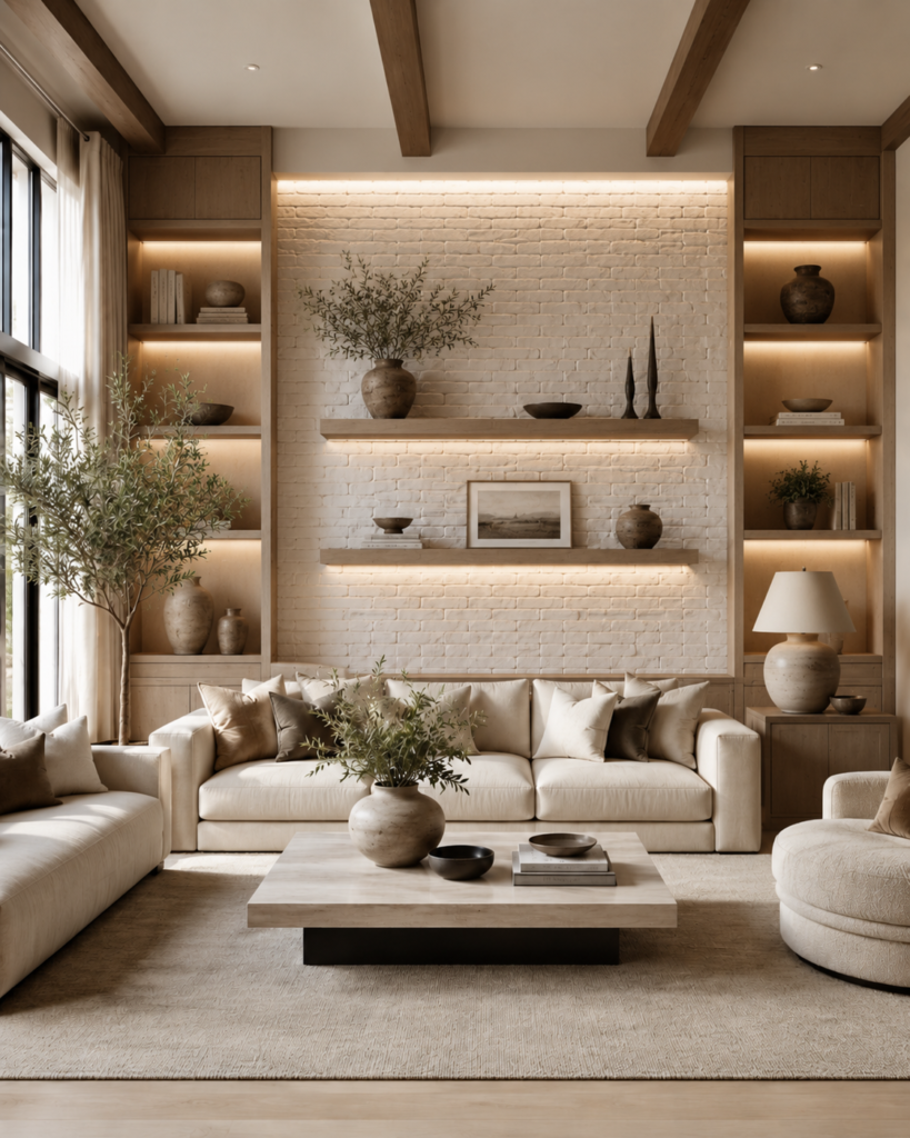 Custom accent wall with white brick, built-in cabinets, illuminated shelves, and warm lighting in a luxury living room