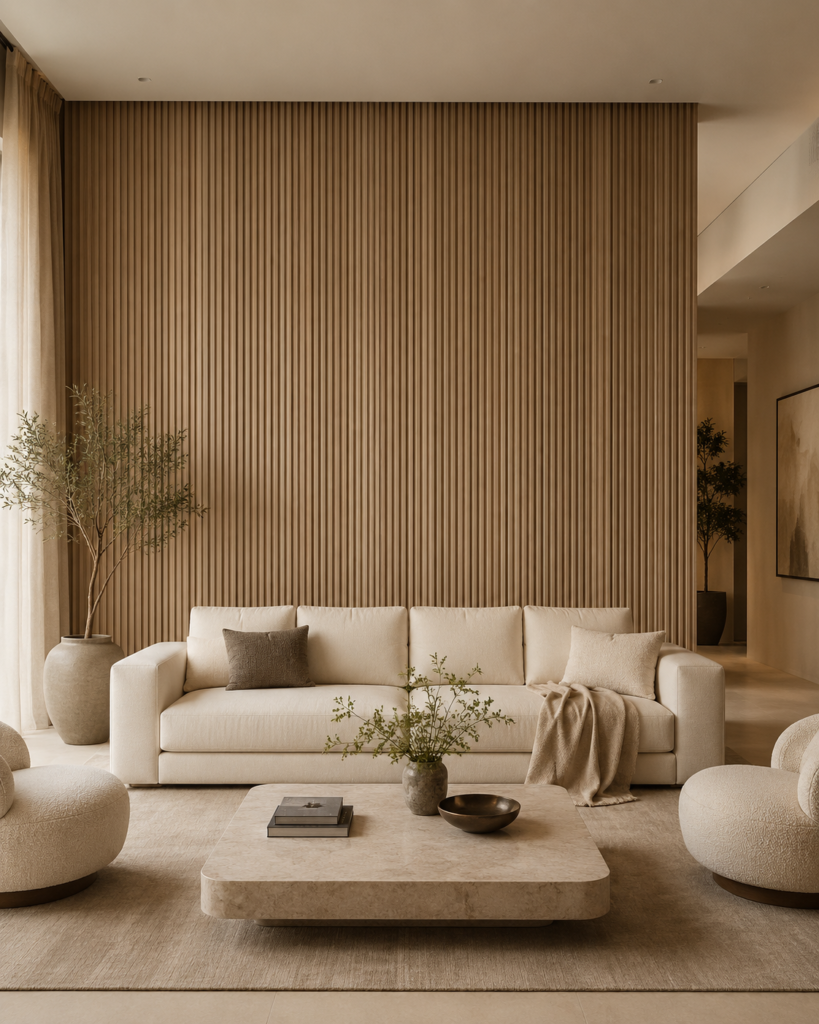 Accent Wall Concept 4 – Wood Slat Living Room Wall Floor-to-ceiling wood slat accent wall behind a neutral sofa in a warm modern living room