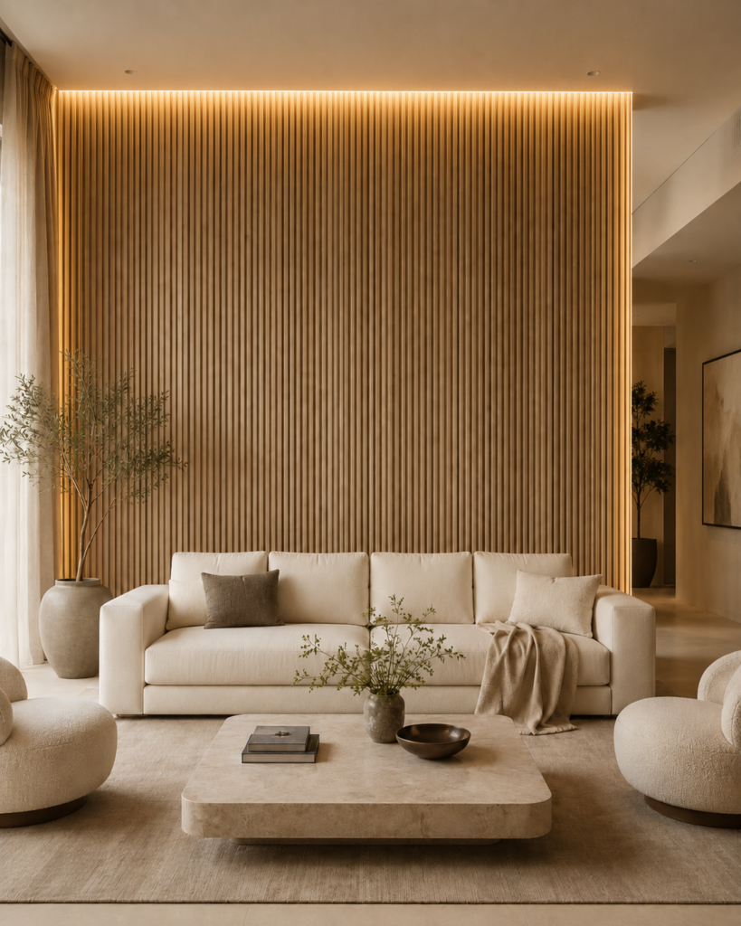Custom accent wall with fluted panels and warm perimeter lighting in a modern luxury living room