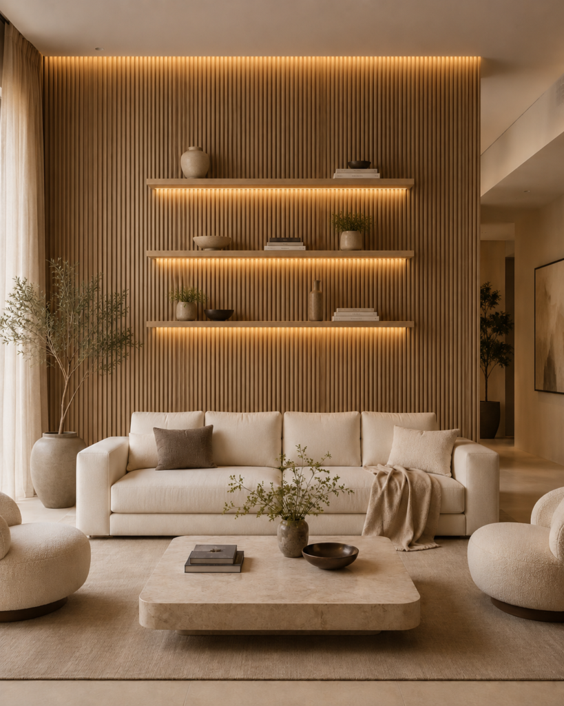 Custom accent wall with fluted panels, floating shelves, and integrated lighting in a modern living room