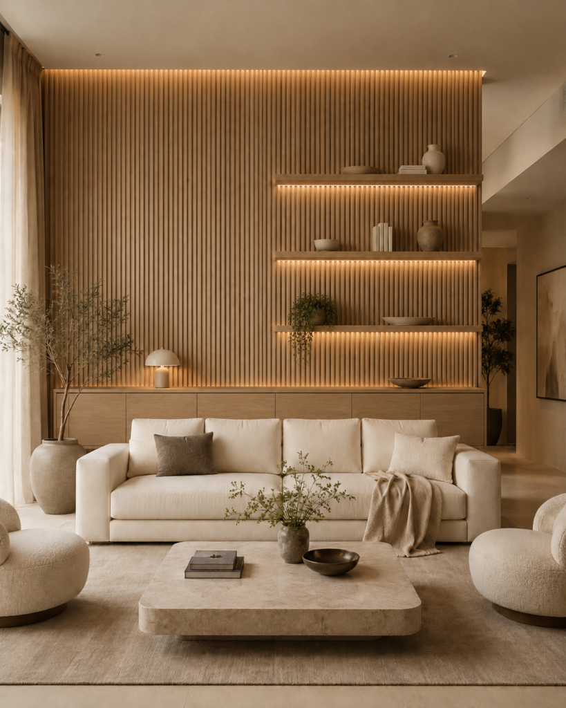 Custom accent wall with fluted wood panels, floating shelves, integrated LED lighting, built-in cabinet, and modern neutral living room design