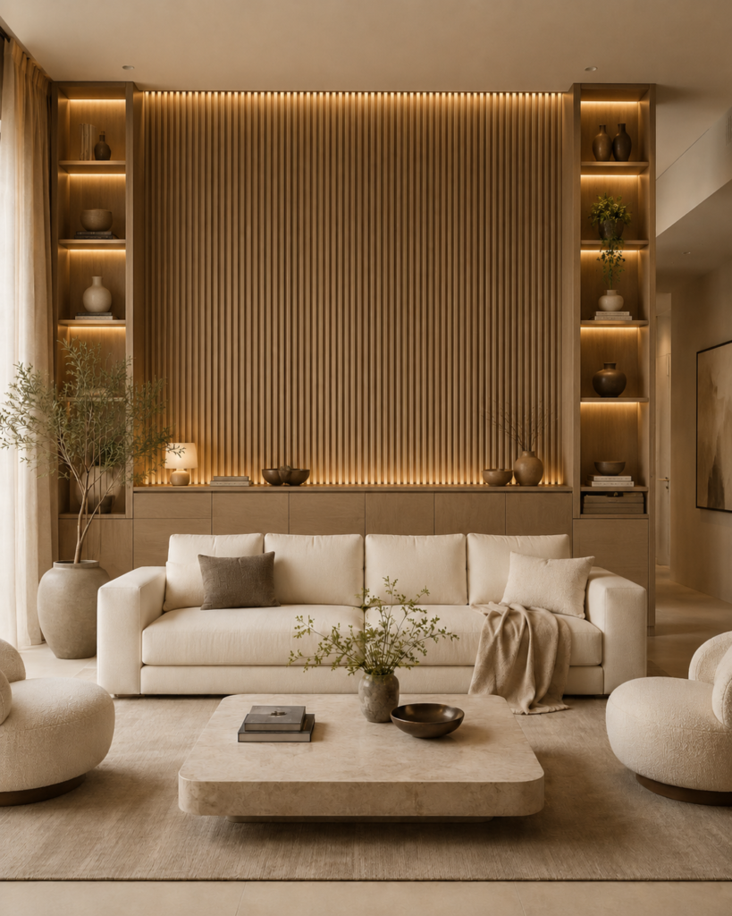 Custom accent wall with fluted panels, built-in shelves, cabinets, and warm lighting in a luxury living room