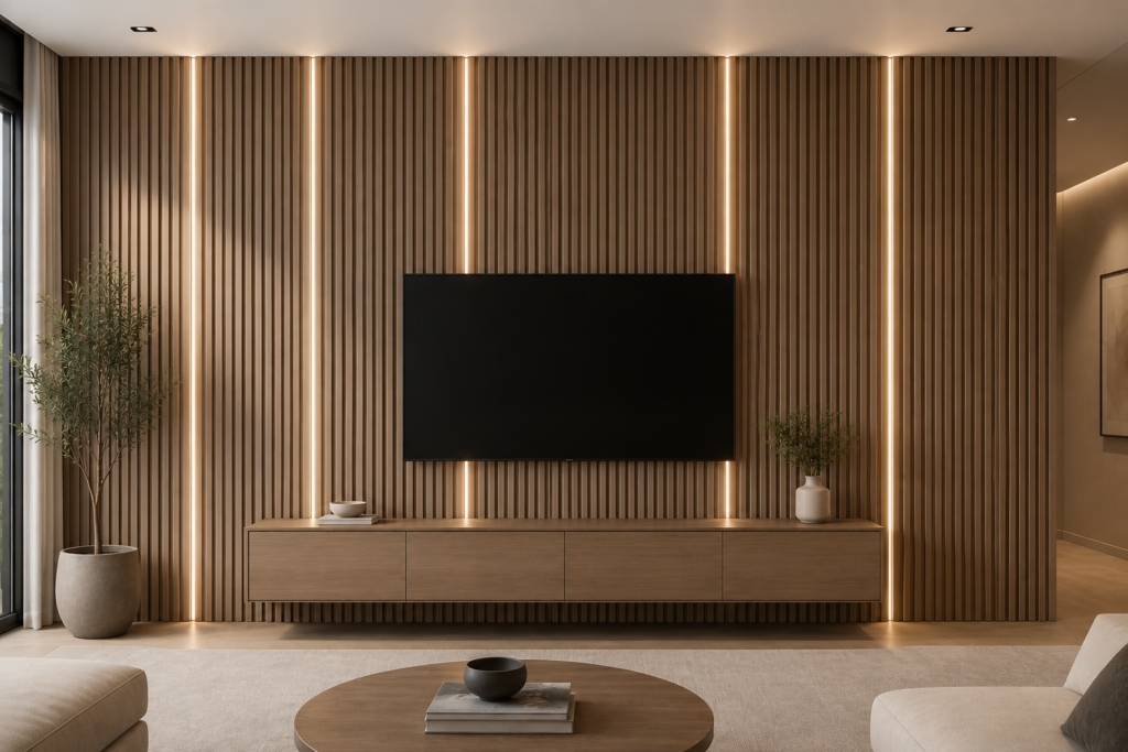 Custom accent wall with fluted panels and lighting inside the slats in a modern luxury living room