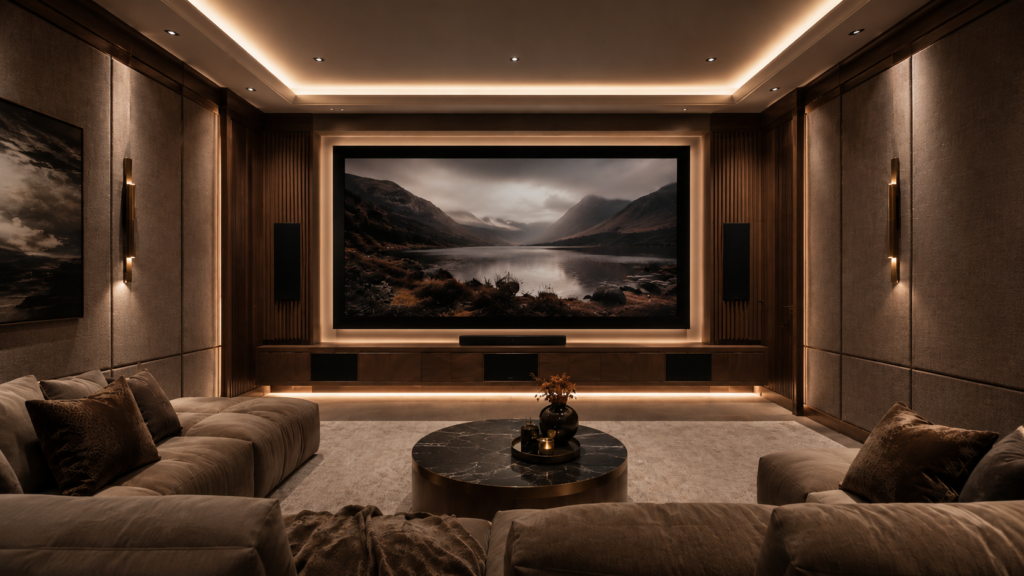 Custom home theater Orlando with screen backlighting, acoustic-style panels, upgraded media cabinet, and warm LED lighting