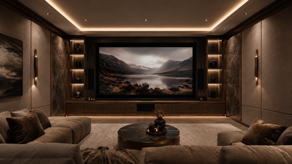 Custom home theater Orlando with marble accent panels, illuminated shelves, acoustic-style wall panels, and built-in media cabinet