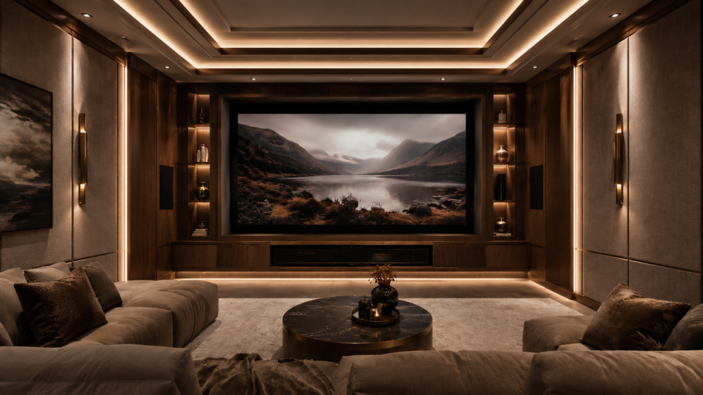 This full upgrade creates a complete luxury theater room wall with built-in cabinetry, acoustic-style panels, illuminated shelves, upgraded ceiling lighting, side panel details, and a more integrated screen area. The result is a more immersive and premium entertainment environment. This is the most complete version of this custom home theater Orlando concept.What’s Included
full custom home theater wall design;
large screen wall preparation;
acoustic-style wall panels;
built-in lower cabinets;
integrated display shelving;
warm LED lighting;
upgraded ceiling lighting effect;
side panel and trim details;
hidden media storage zones;
full luxury theater-room presentation.
What Changed
the theater wall becomes fully integrated;
built-in cabinets and shelves are added;
ceiling lighting becomes more dramatic;
storage and display space are expanded;
the room shifts from a theater wall to a full luxury home theater experience.
Why This MattersThis upgrade gives the room the strongest visual impact and the most complete custom look. It combines lighting, storage, panels, and architectural detailing into one cohesive design, making the space feel like a true luxury media room rather than a simple TV area.Important NoteTV, projector, screen, speakers, receiver, soundbar, subwoofer, and AV system installation are not included in the base build-out price. Advanced audio/video installation should be handled by a qualified AV professional when required.