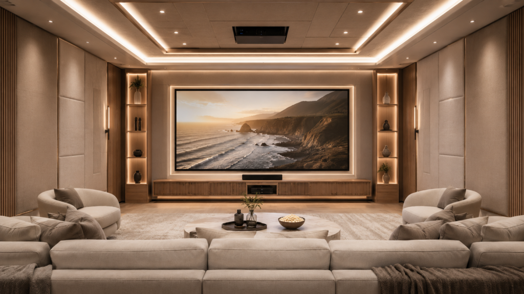 Custom home theater Central Florida with illuminated shelves, acoustic panels, projector-ready ceiling, and luxury media wall