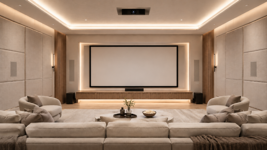 Custom home theater Central Florida with projector screen wall, acoustic-style panels, and warm LED ceiling lighting