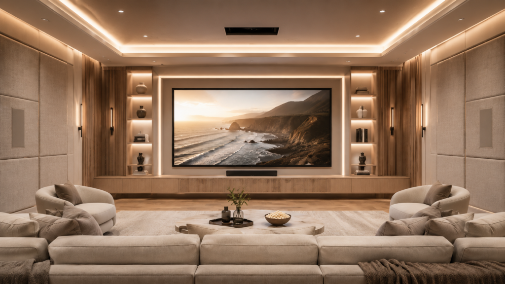 Custom home theater Central Florida with built-in speaker zones, media storage, and light modern theater room design