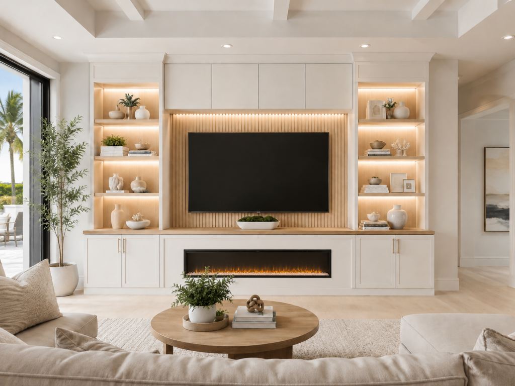 Built-In Cabinetry with Shelf Lighting and Linear Electric Fireplace Custom built-in cabinetry concept with white lower cabinets, open display shelves, LED shelf lighting, vertical wood slat TV wall, and warm modern media wall design