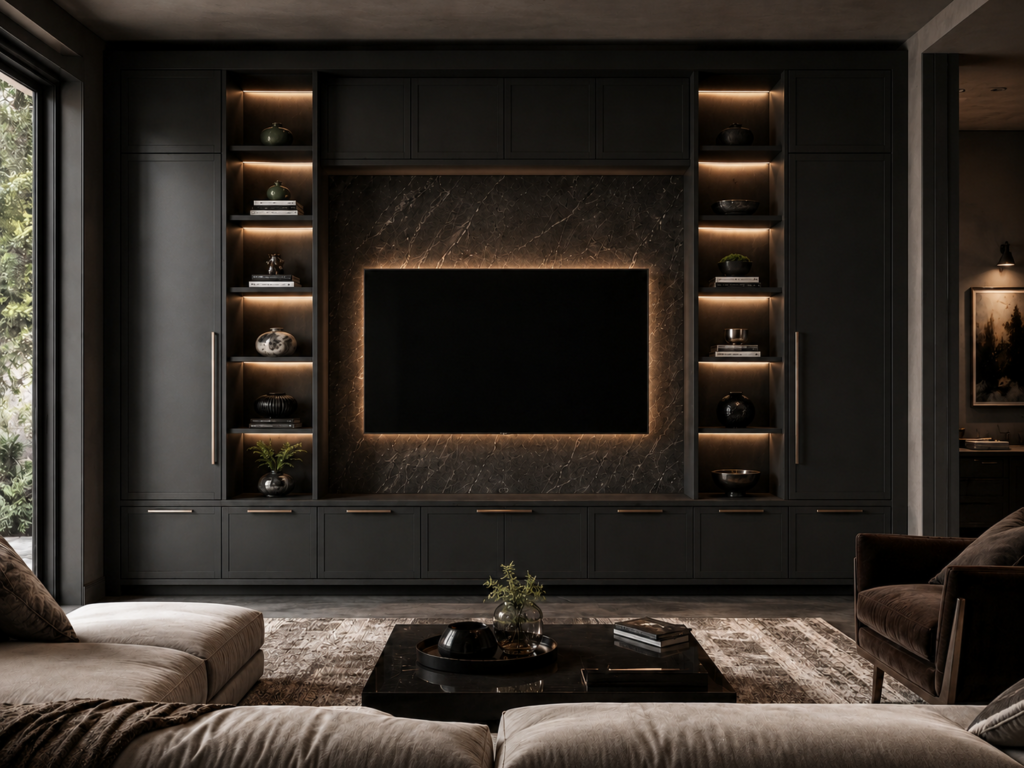 This upgrade adds warm LED lighting inside the open display shelves and soft backlighting around the TV area. Custom built-in cabinetry concept with dark full-height cabinets, LED shelf lighting, TV wall backlighting, stone-look center panel, lower storage cabinets, and luxury evening media wall design
