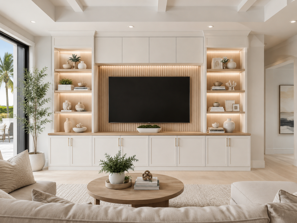 Custom built-in cabinetry concept with white lower cabinets, open display shelves, vertical wood slat TV wall, wood countertop, and bright modern media wall layout White Built-In Cabinetry Media Wall Concept