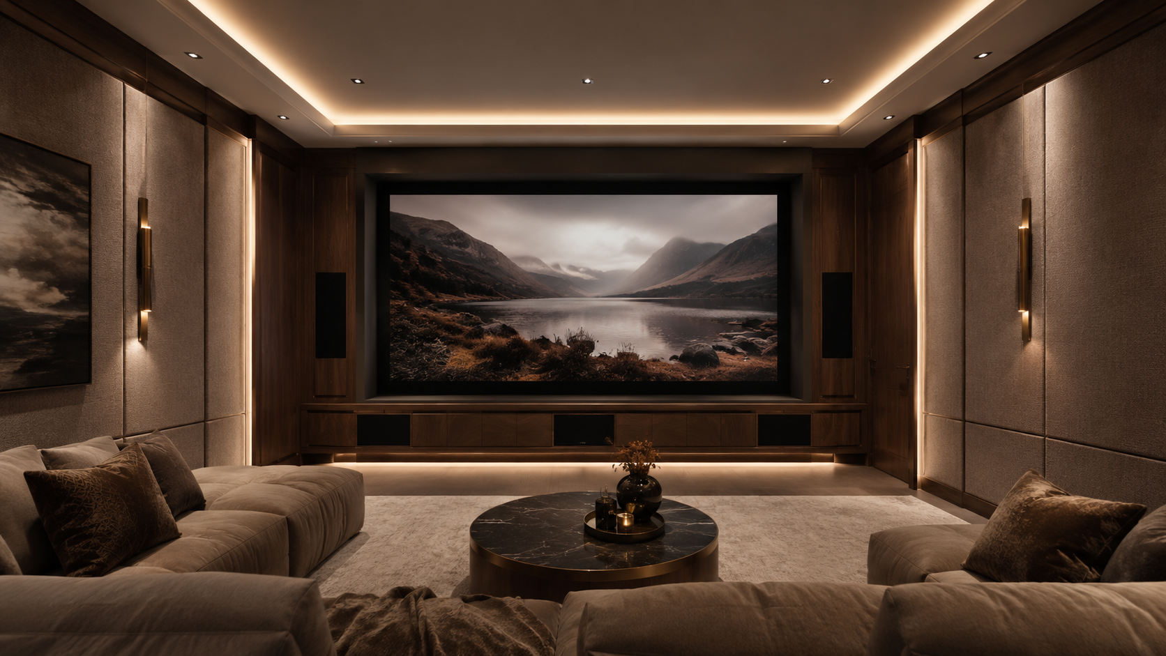Luxury home theater room with acoustic wall panels, cinema screen, ambient LED lighting and custom built-in media wall