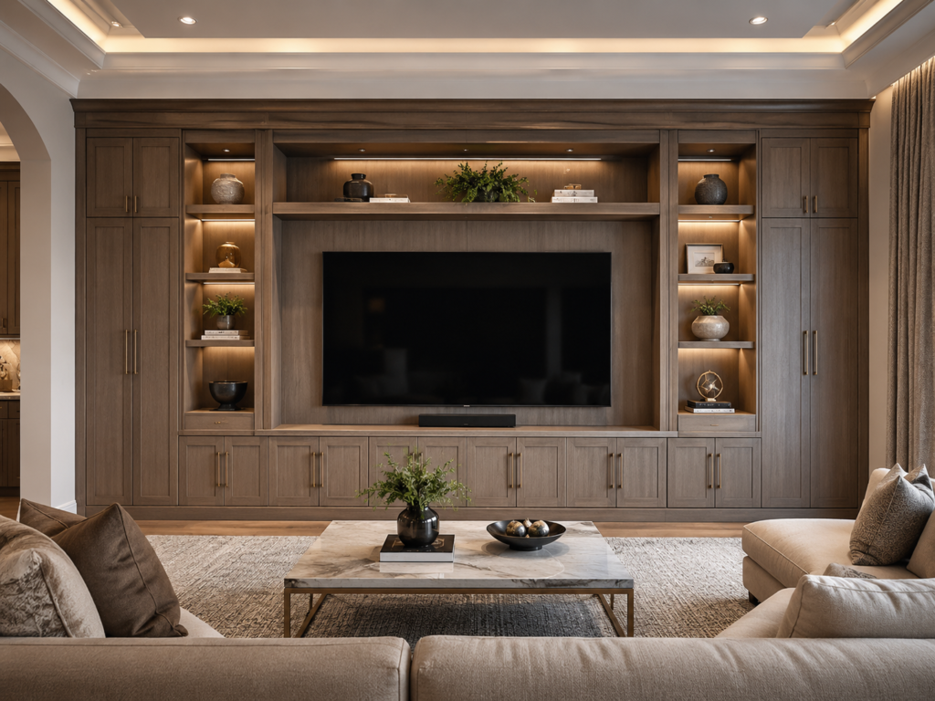 Custom TV Media Wall with Built-In Cabinetry Custom media wall pricing for built-in media walls with lower cabinets, display shelves, LED lighting, and TV wall design