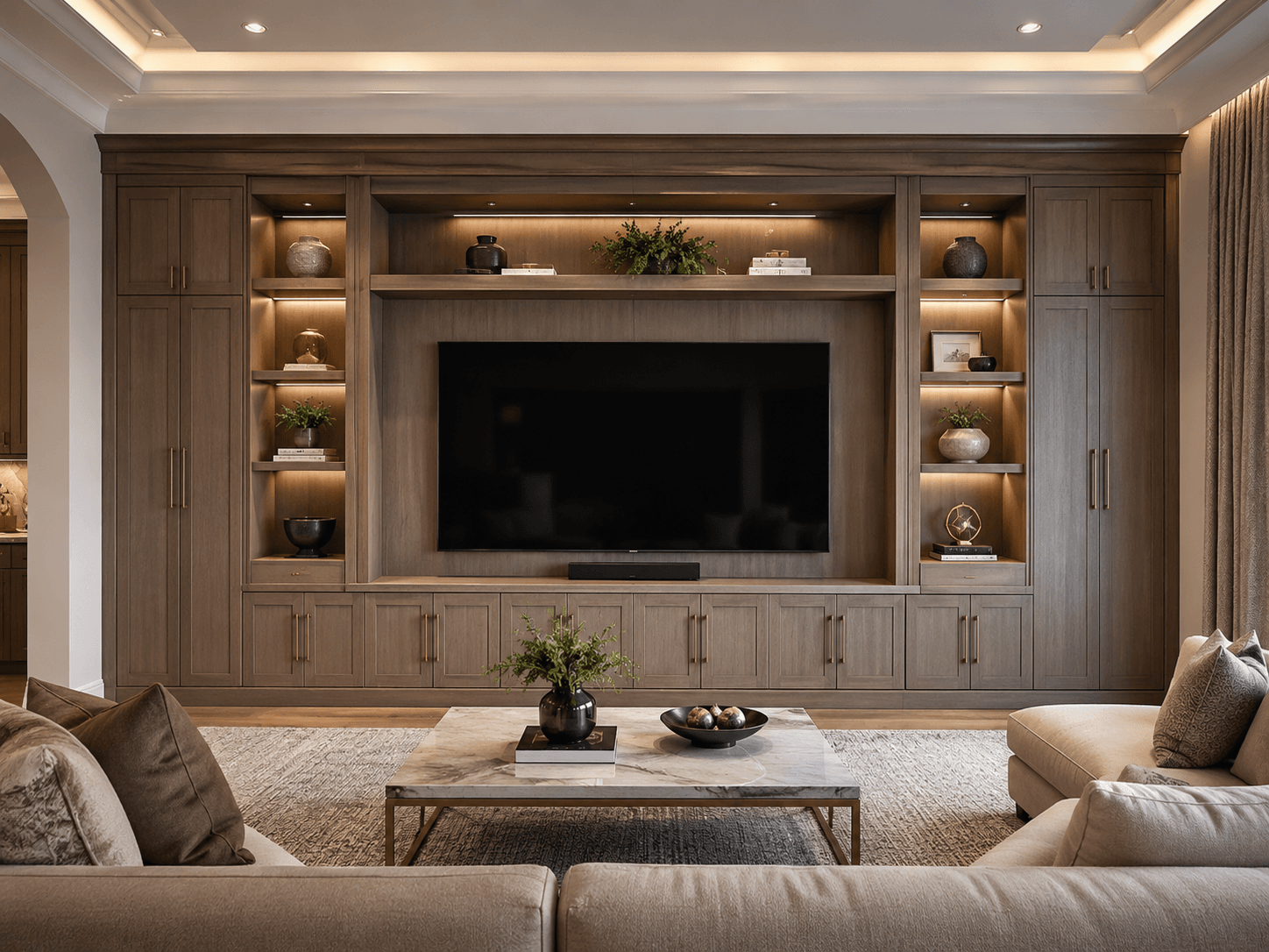 Custom TV Media Wall with Built-In Cabinetry Custom media wall pricing for built-in media walls with lower cabinets, display shelves, LED lighting, and TV wall design