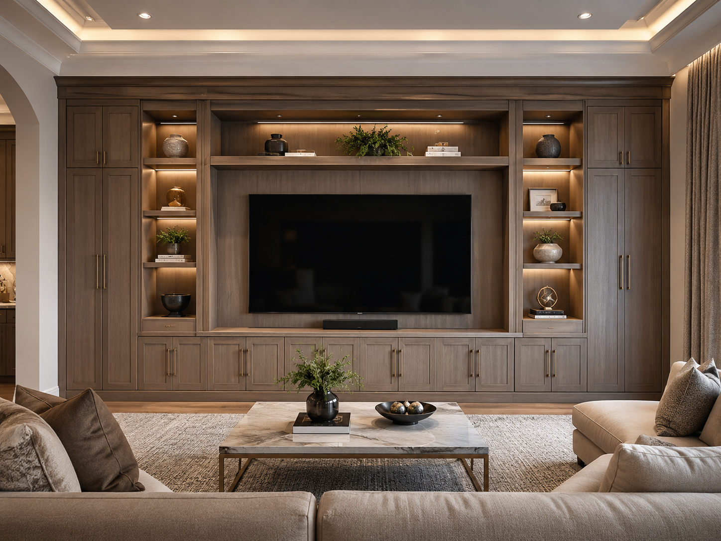 Custom media wall pricing for built-in media walls with lower cabinets, display shelves, LED lighting, and TV wall design