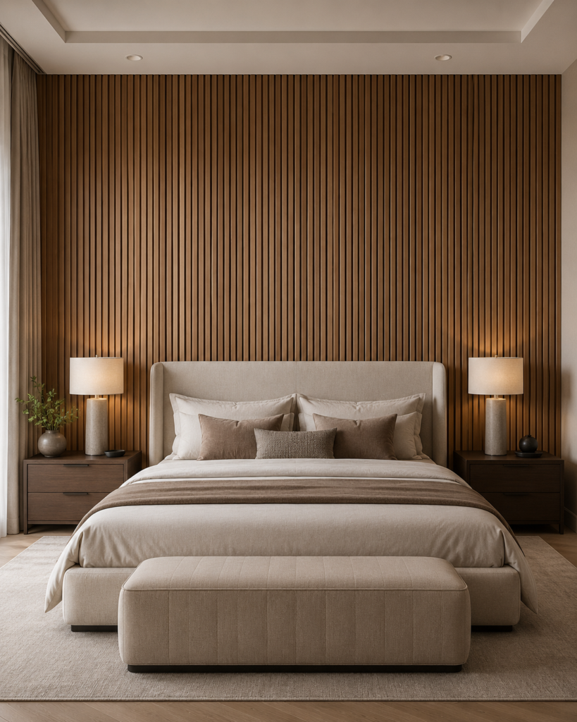 Accent Wall Concept 2 – Wood Slat Bedroom Wall Wood slat accent wall behind a neutral upholstered bed with warm bedside lighting in a modern bedroom