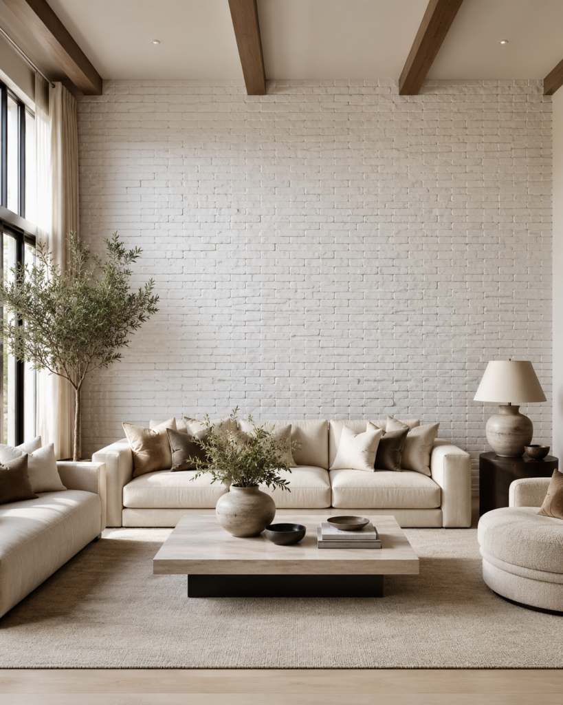 Accent Wall Concept 3 – White Brick Living Room Wall White brick accent wall with exposed wood ceiling beams in a bright neutral living room
