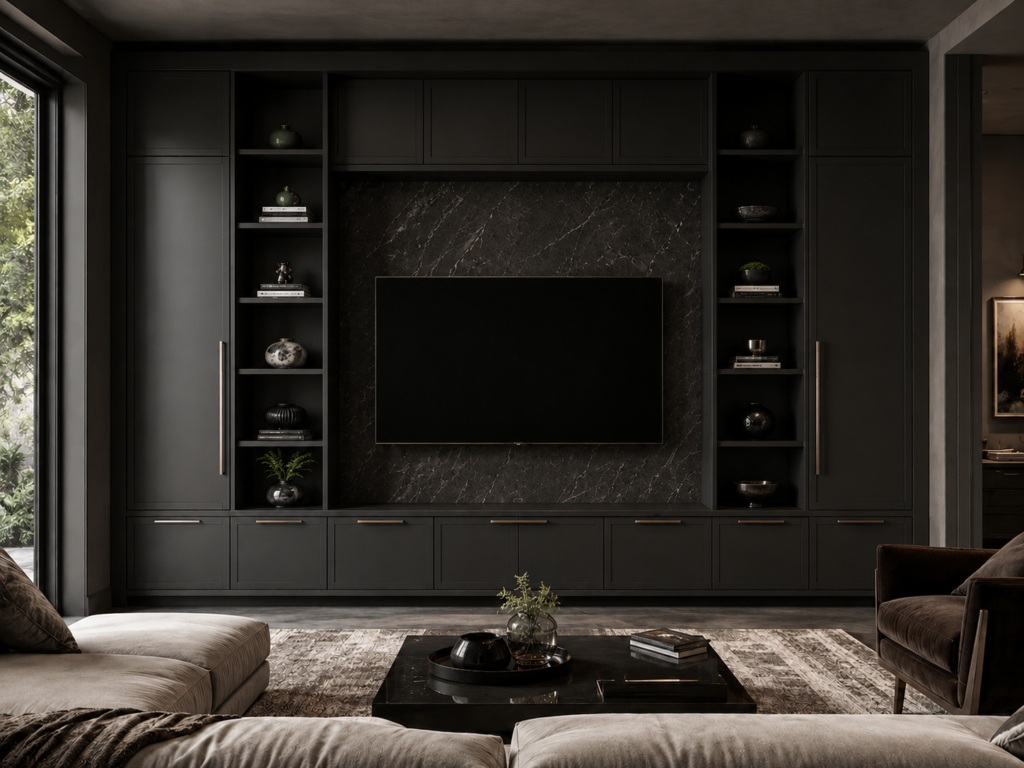 Dark Built-In Media Wall Custom built-in cabinetry concept with dark full-height cabinets, lower storage cabinets, open display shelves, stone-look TV wall panel, and luxury media wall design