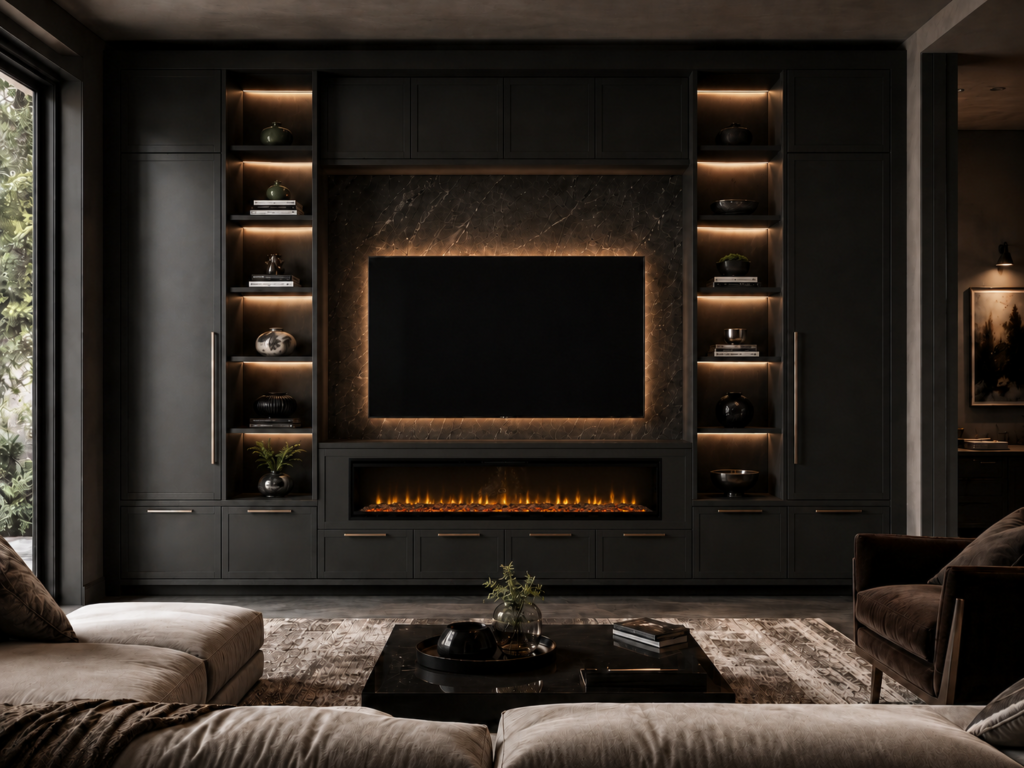 Dark Built-Ins with Lighting and Linear Electric Fireplace Custom built-in cabinetry concept with dark built-in cabinetry, LED shelf lighting, TV wall backlighting, stone-look center panel, linear electric fireplace, and luxury fireplace media wall design